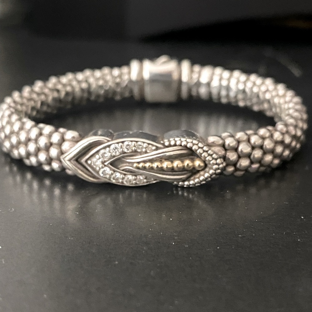 Lagos SS bracelet with diamonds and 14k yellow accents.